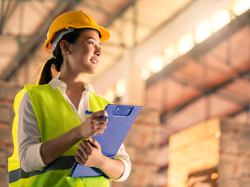 Portrait,Of,Smart,Asian,Female,Engineer,Inspector,Hand,Hold,Paper